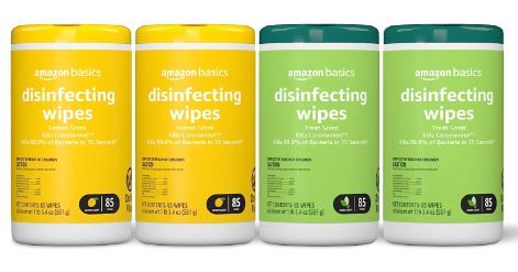 Photo 1 of Amazon Basics Disinfecting Wipes, Lemon & Fresh Scent, Sanitizes/Cleans/Disinfects/Deodorizes, White, 85 Count, Pack of 4 (Previously Solimo)