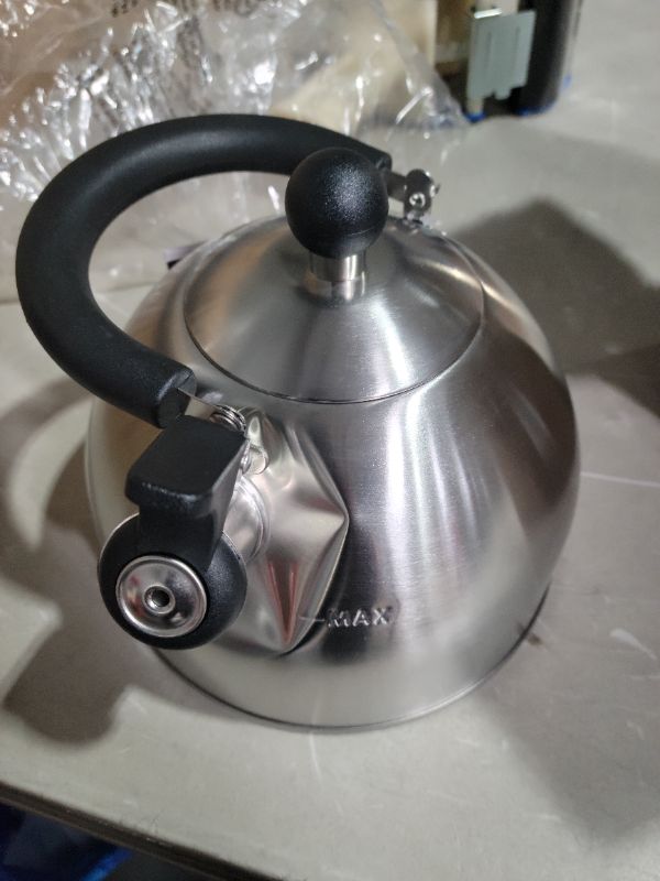 Photo 2 of **SEE NOTES/DAMAGED**
Primula Stewart Whistling Stovetop Tea Kettle Food Grade Stainless Steel, Hot Water Fast to Boil, Cool Touch Folding, 1.5-Quart, Brushed with Black Handle