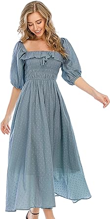 Photo 1 of R.Vivimos Women Summer Half Sleeve Cotton Ruffled Vintage Elegant Backless A Line Flowy Long Dresses