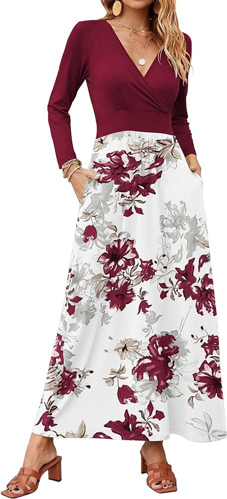 Photo 1 of AUSELILY Womens Long Sleeve V-Neck Floral Wrap Waist Maxi Dress with Pockets