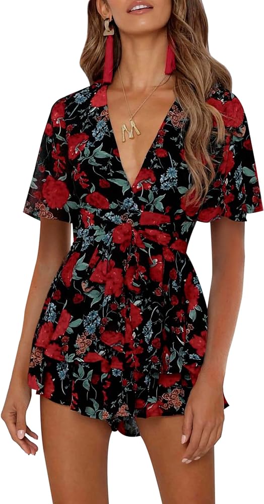 Photo 1 of Bonkwa Women Short Flare Sleeve Rompers Floral Print 