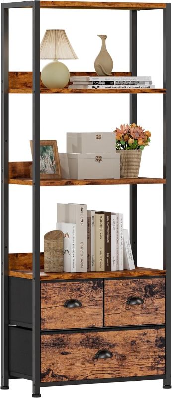 Photo 1 of **SEE NOTES**
Furologee 59" Tall Bookcase Storage Shelf 4-Tier, Industrial Bookshelf Rack with 3 Fabric Storage Drawers - RUSTIC BROWN