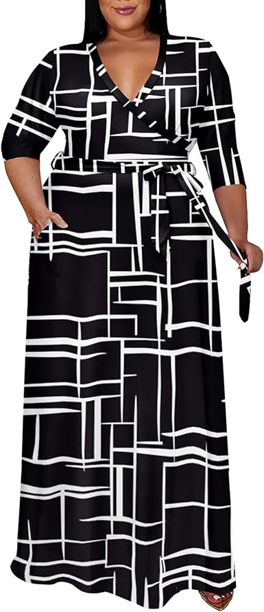 Photo 1 of Runwind Plus Size Dress for Women - 3/4 Sleeve V Neck Printing Maxi Dresses for Women 5XL 