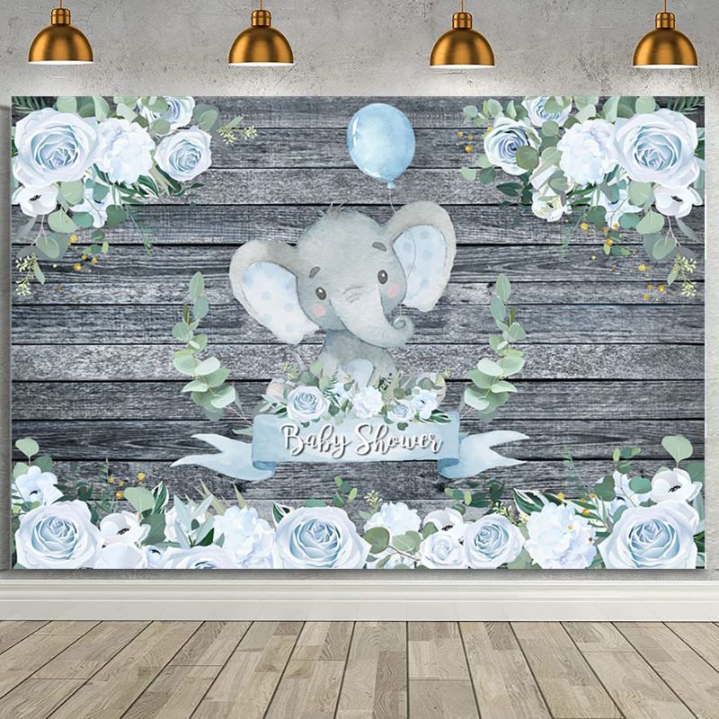 Photo 2 of AIBIIN 7x5ft Baby Elephant Baby Shower Backdrop for Boy Rustic Wood Blue Floral Elephant Baby Shower Background 