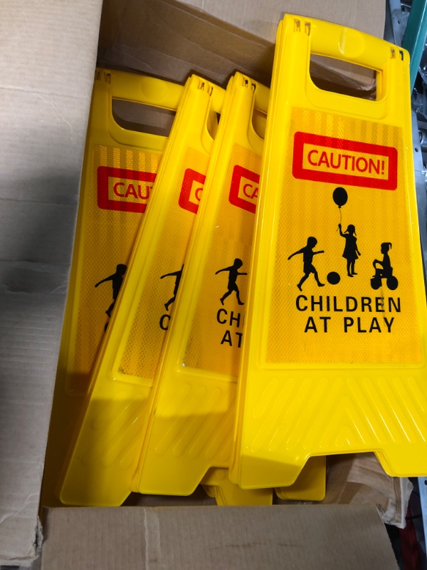 Photo 3 of 4 Pcs Reflective Slow Down Kids at Play Sign Double Sided 24 Inch Portable Handle Children At Play Warning (Yellow)