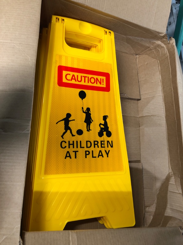 Photo 2 of 4 Pcs Reflective Slow Down Kids at Play Sign Double Sided 24 Inch Portable Handle Children At Play Warning (Yellow)