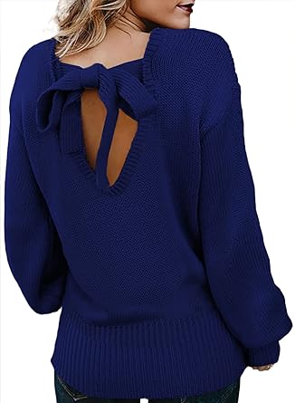 Photo 1 of Casual Crew Neck Long Sleeve Back Knot Loose Knitted Pullover ROYAL BLUE ,, SIZE: SMALL