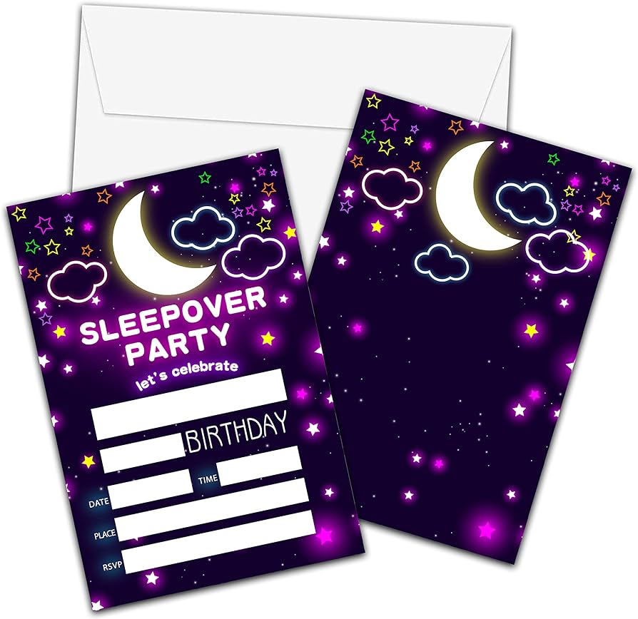 Photo 1 of Sleepover Birthday Invitations with Envelopes - Moon and Stars Birthday Party Invitation Card for Girls / Boys - 40 pack