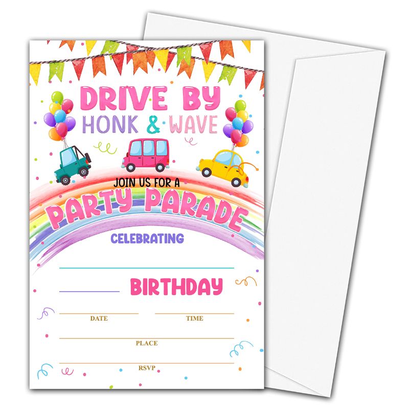 Photo 1 of Drive By Rainbow Birthday Party Invitation Cards -  40 Invites With Envelopes - A001