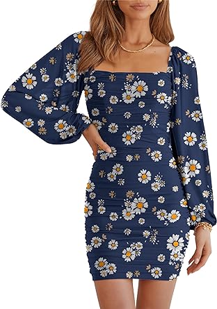 Photo 1 of  Women Square Neck Lantern Long Sleeve - NAVY DAISY DESIGN , SIZE: XL