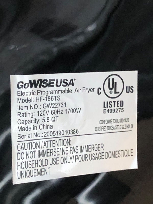 Photo 1 of **TURNS ON(UNABLE TO FULLY TEST)** GoWISE USA 1700-Watt 5.8-QT 8-in-1 Digital Air Fryer with Recipe Book, Black