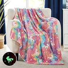 Photo 1 of  Glow in The Dark Blanket - Rainbow 50" x 60" Soft Star Unicorn