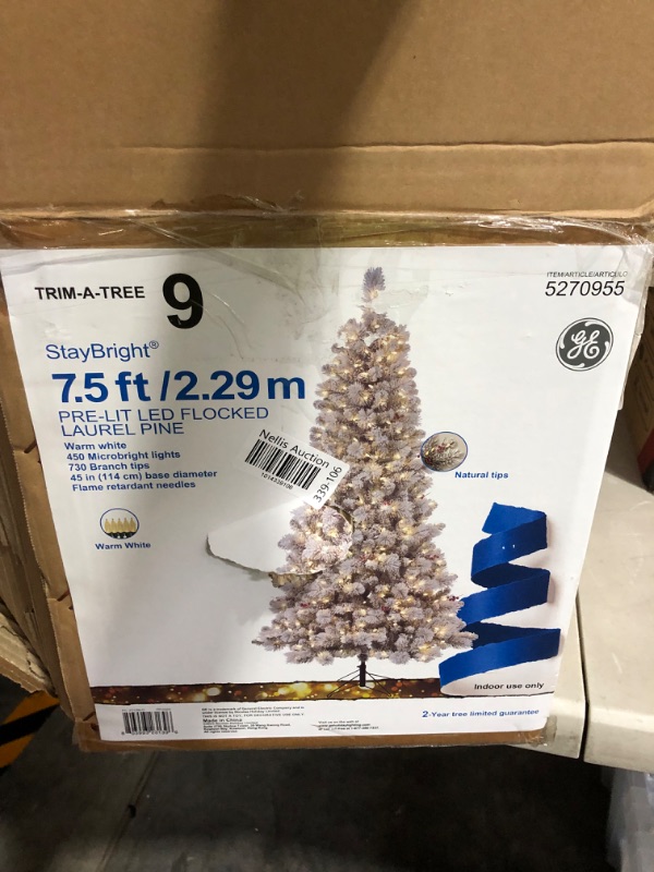 Photo 2 of **SEE NOTES** 7.5ft Pre-Lit Snow Flocked Artificial Holiday Christmas Pine Tree 