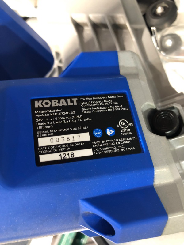 Photo 5 of ****No blade or battery****
Kobalt 7-1/4-in 24-volt Max Dual Bevel Sliding Compound Cordless Miter Saw