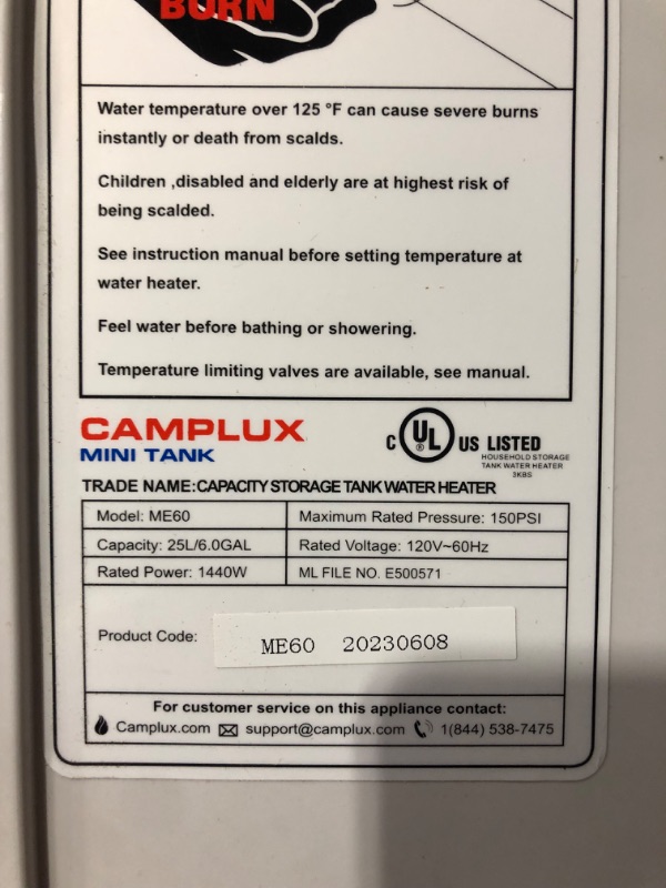 Photo 8 of **PARTS ONLY** *DAMAGE* Camplux ME60 Mini Tank Electric Water Heater 6-Gallon