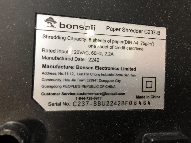 Photo 4 of **PARTS ONLY**
Bonsaii Paper Shredder for Home Use,6-Sheet Crosscut Paper and Credit Card Shredder3.4 Gal 