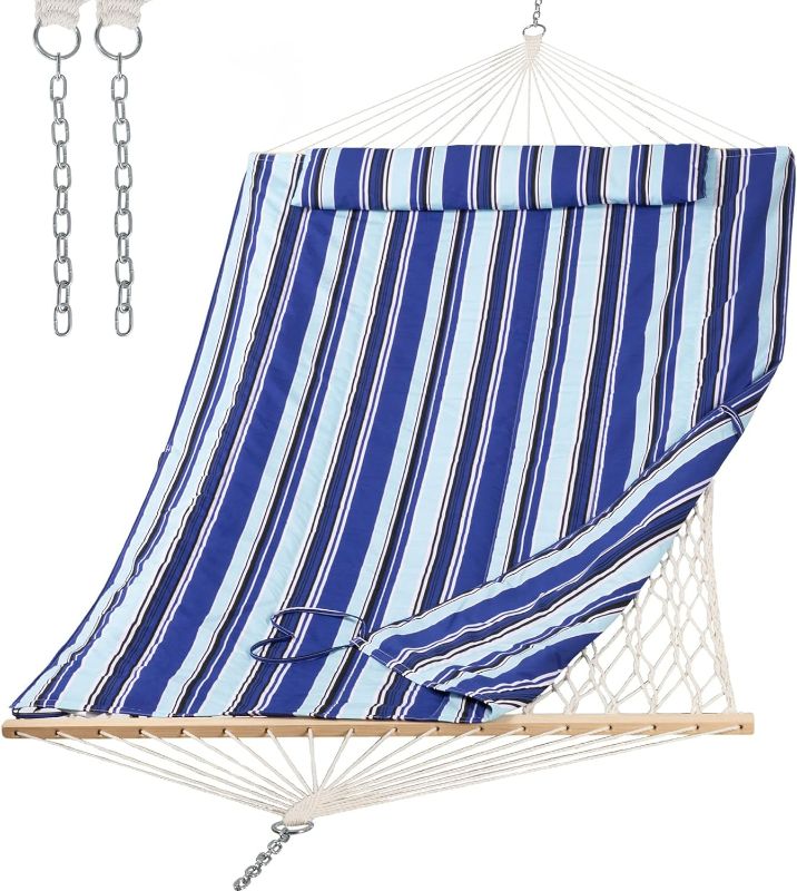 Photo 1 of ***STOCK IMAGE FOR SAMPLE***
2 Person Hammock with Hardwood Spreader Bar, Outdoor Rope Hammock with Polyester Pad, 475 lbs Capacity, Blue