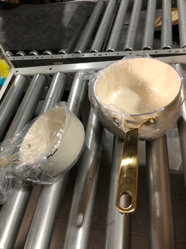 Photo 1 of Martha Stewart Lockton Premium Nonstick PFA Free Ceramic Interior 10 Piece Heavy Gauge Enamel Aluminum Pots and Pans Cookware Set - Linen White w/Gold Handle 10-Piece Ceramic Nonstick Set Cookware Set Linen w/ Gold Handle