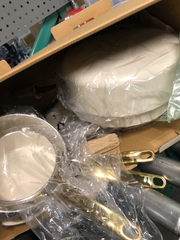 Photo 1 of Martha Stewart Lockton Premium Nonstick PFA Free Ceramic Interior 10 Piece Heavy Gauge Enamel Aluminum Pots and Pans Cookware Set - Linen White w/Gold Handle 10-Piece Ceramic Nonstick Set Cookware Set Linen w/ Gold Handle