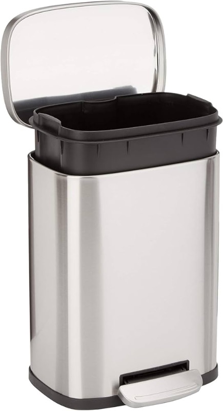 Photo 1 of Amazon Basics Smudge Resistant Small Rectangular Trash Can With Soft-Close Foot Pedal, Brushed Stainless Steel, 5 L /1.32 Gallon, Satin Nickel Finish, 7.3 x 8.5 x 11.8 inches (LxWxH)