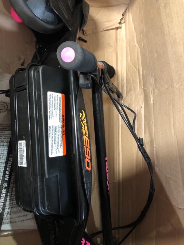 Photo 5 of Razor Power Core E90 Electric Scooter - Hub Motor, Up to 10 mph and 80 min Ride Time, for Kids 8 and Up Scooter + Helmet, Magenta Pink Standard Packaging