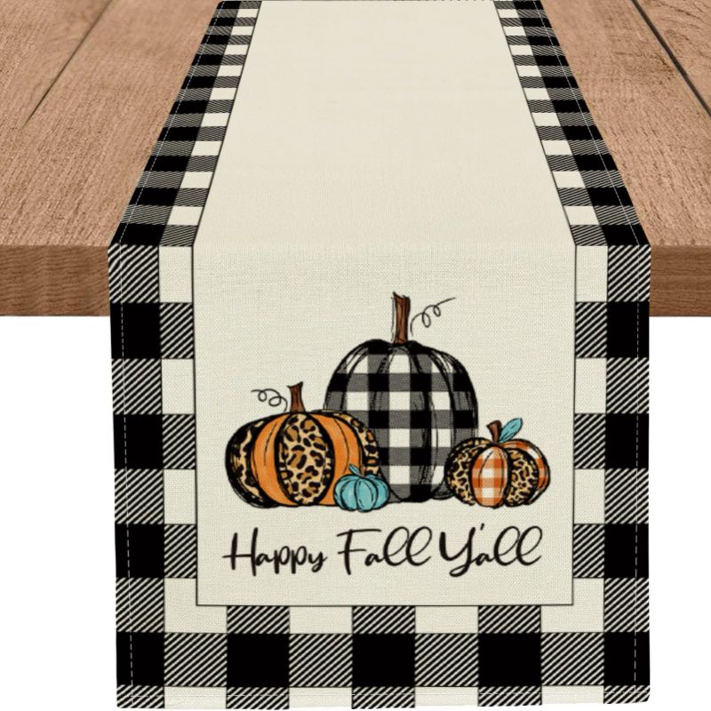 Photo 1 of (2 Pack) WHOMEAF Happy Fall Y'all Burlap Table Runner - 13 x 90 Inch Black White Plaid