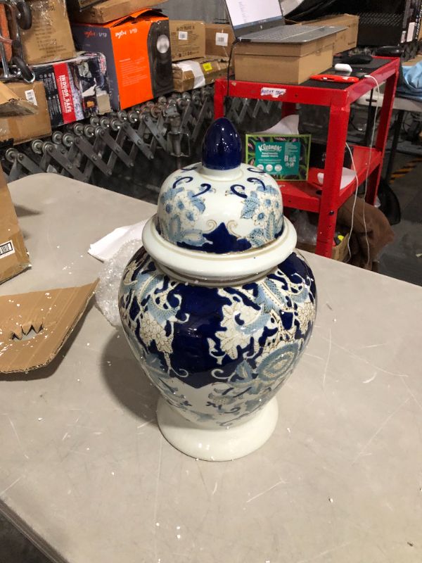 Photo 2 of ***LID CRACKED - SEE PICTURES***
A&B Home 17" Tall Porcelain Vase with Lid Ceramic Blue and White Floral Print Ginger Jar