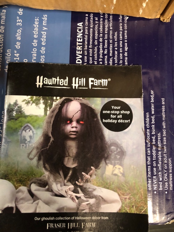 Photo 3 of Haunted Hill Farm Animatronic Skeleton in a Box with Movement, Sounds, and Light-Up Eyes for halloween Decoration 65" Standing Reaper