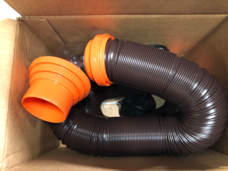 Photo 3 of Camco RhinoFLEX RV Sewer Hose Kit with Swivel Transparent Elbow and 4-in-1 Dump Station Fitting, Brown, 15 Feet 