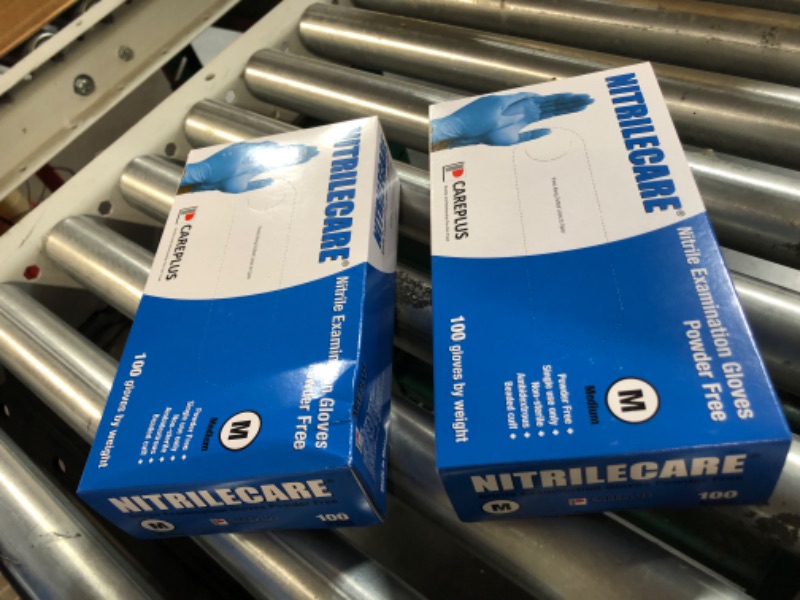 Photo 2 of (2x Medium) Careplus NITRILECARE Blue Nitrile Exam Gloves Medium 3 Mil Latex & Powder Free Beaded Cuff Non-Sterile Disposable Textured Medical First-Ai