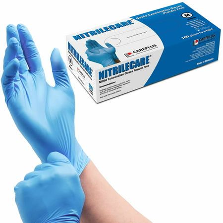 Photo 1 of (2x Medium) Careplus NITRILECARE Blue Nitrile Exam Gloves Medium 3 Mil Latex & Powder Free Beaded Cuff Non-Sterile Disposable Textured Medical First-Ai