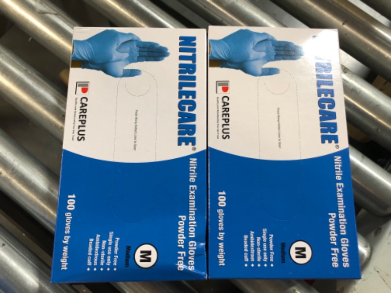 Photo 3 of (2x Medium) Careplus NITRILECARE Blue Nitrile Exam Gloves Medium 3 Mil Latex & Powder Free Beaded Cuff Non-Sterile Disposable Textured Medical First-Ai