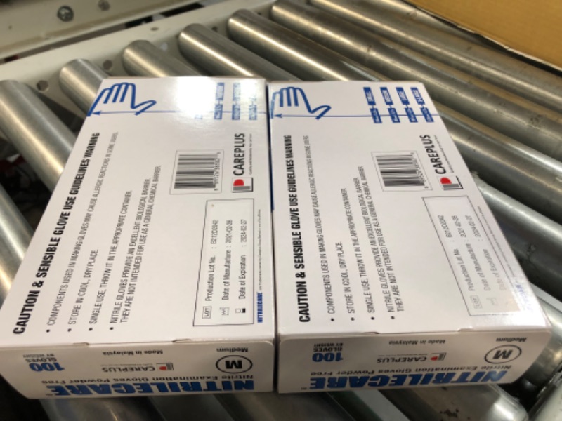 Photo 1 of (2x Medium) Careplus NITRILECARE Blue Nitrile Exam Gloves Medium 3 Mil Latex & Powder Free Beaded Cuff Non-Sterile Disposable Textured Medical First-Ai