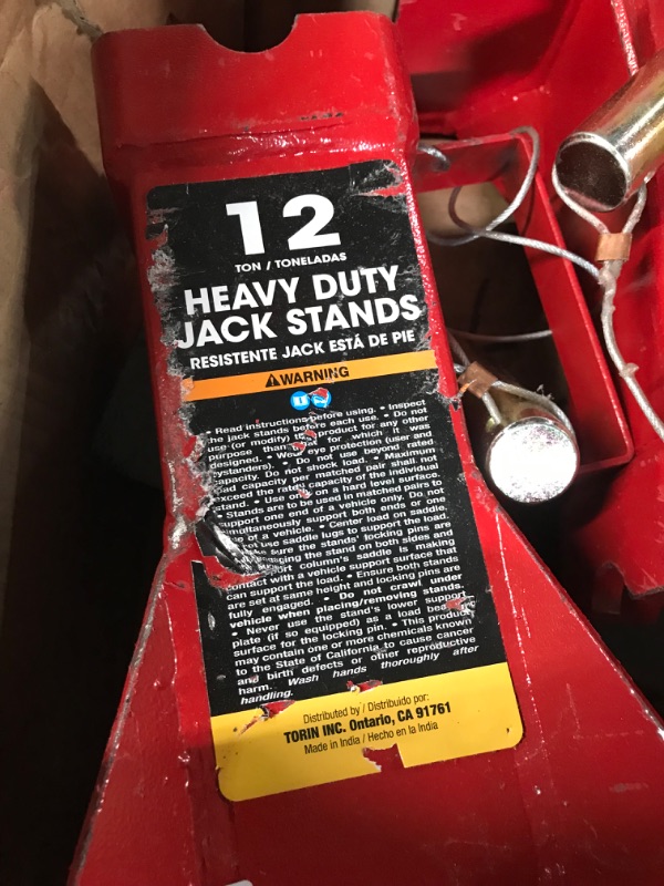 Photo 2 of **MISSING ONE BLACK SLIDER** Torin ATZ120005B Heavy Duty Pin Style Adjustable Height Automotive Jack Stands, 12 Ton (26,400 lb) Capacity, Red, 1 Pair