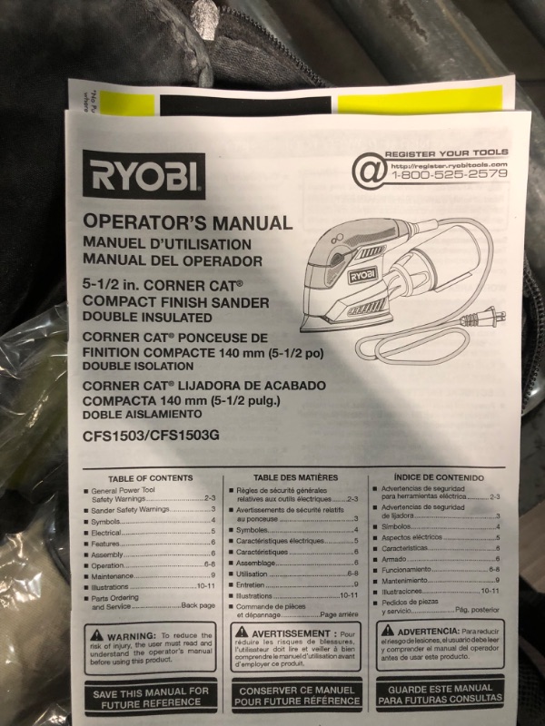 Photo 7 of Ryobi CFS1503GK Compact Corner Cat 12,500 OPM 1.2 Amp Corded Orbital Finishing Sander w/ 10 Pads and Carrying Case