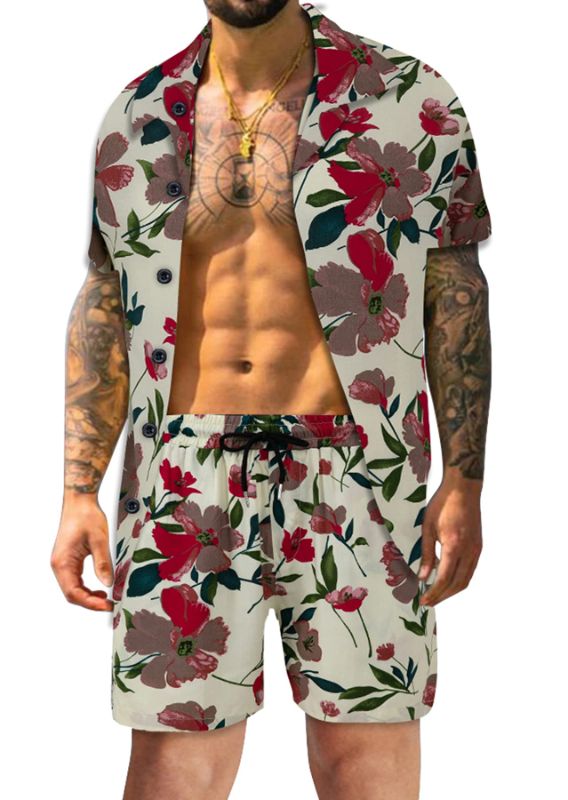 Photo 1 of Atwfo Men's Hawaiian Shirt and Short 2 Piece Vacation Outfits Sets Casual Button Down Beach Floral Suits for Summer Style07 X-Large