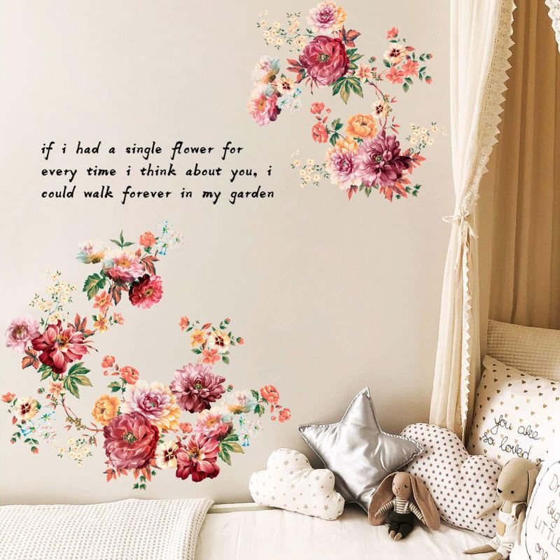 Photo 1 of (2x) MIYALIONE Floral Peonies Wall Decals Watercolor Floral Peony Bouquet Peel and Stick Wall Stickers Bedroom Living Room Wall Art Décor