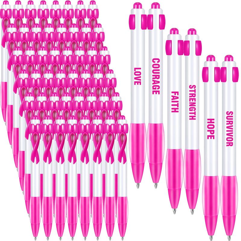 Photo 1 of PerKoop Breast Cancer Awareness Pens Pink Ribbon Retractable Pen Bulk Hope Faith Strength Black Ink Pens Survivor Gifts Breast Cancer Awareness Items Office Supplies Women Gift(48 Pieces)