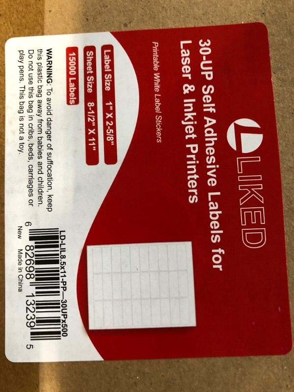 Photo 5 of L LIKED 1" X 2-5/8" Self Adhesive Shipping Labels for Laser & Inkjet Printers, Barcode Mailing SKU Labels 30-up (15,000 Labels - 500 Sheets) 1" X 2-5/8"(30-up) 500 Sheet