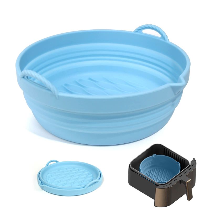 Photo 1 of (2x) MEYOGO Foldable Silicone Air Fryer Liners, 7.5 inch Air Fryer Silicone Liners, Reusable Non-Stick Silicone Air Fryer Basket, Air Fryer Silicone Pot for 3-5 QT Air Fryers (Blue) Round-blue