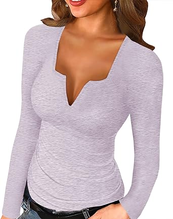 Photo 1 of (2x) Women Long Sleeve Tops Scoop Neck Low Cut Slim Fitted Henley Shirt Sexy Basic Tee Shirts Tops Small