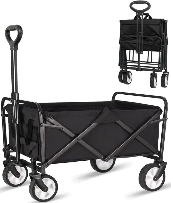 Photo 1 of **DAMAGED-SEE COMMENTS** Collapsible Foldable Wagon, Beach Cart Large Capacity, Heavy Duty Folding Wagon Portable, Collapsible Wagon for Sports, Shopping, Camping (Black, 1 Year Warrant) Matte Black