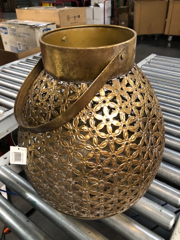 Photo 5 of **DENTS, SEE PHOTOS** Deco 79 Metal Laser Cut Metal Candle Lantern with Moroccan Pattern, 13" x 14" x 16", Gold Lantern 13" x 14" x 16"