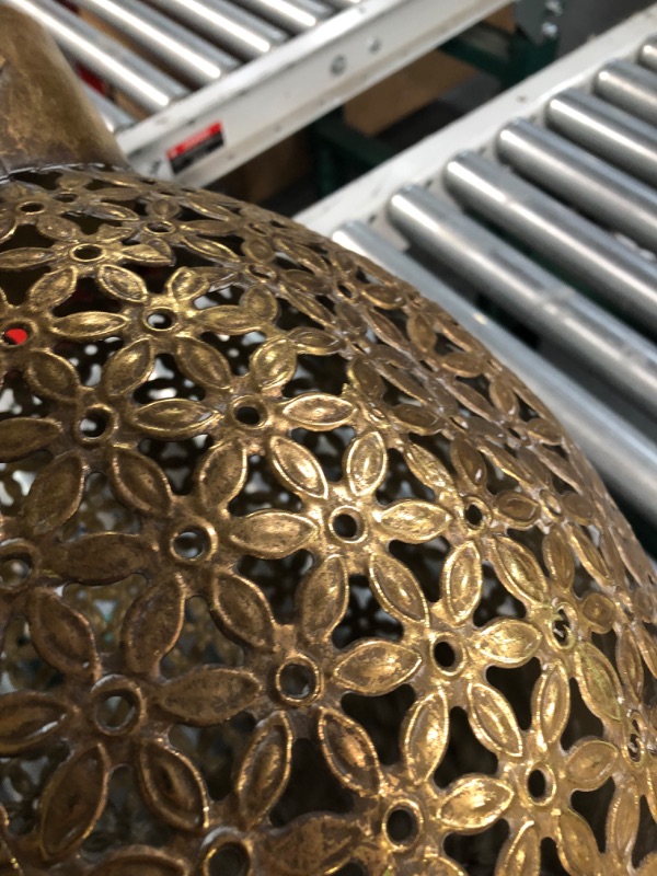 Photo 4 of **DENTS, SEE PHOTOS** Deco 79 Metal Laser Cut Metal Candle Lantern with Moroccan Pattern, 13" x 14" x 16", Gold Lantern 13" x 14" x 16"