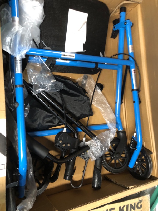 Photo 3 of *Damaged, seat torn See pictures. Medline Mobility Lightweight Folding Steel Rollator Walker with 6-inch Wheels, Adjustable Seat and Arms, Light Blue