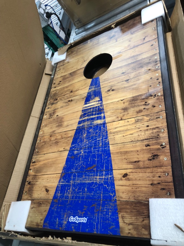 Photo 1 of *Damaged cracked board, peeling facing. GoSports Classic Cornhole Set – Includes 8 Bean Bags, Travel Case and Game Rules (Choice of Style) 3’x2’ Rustic