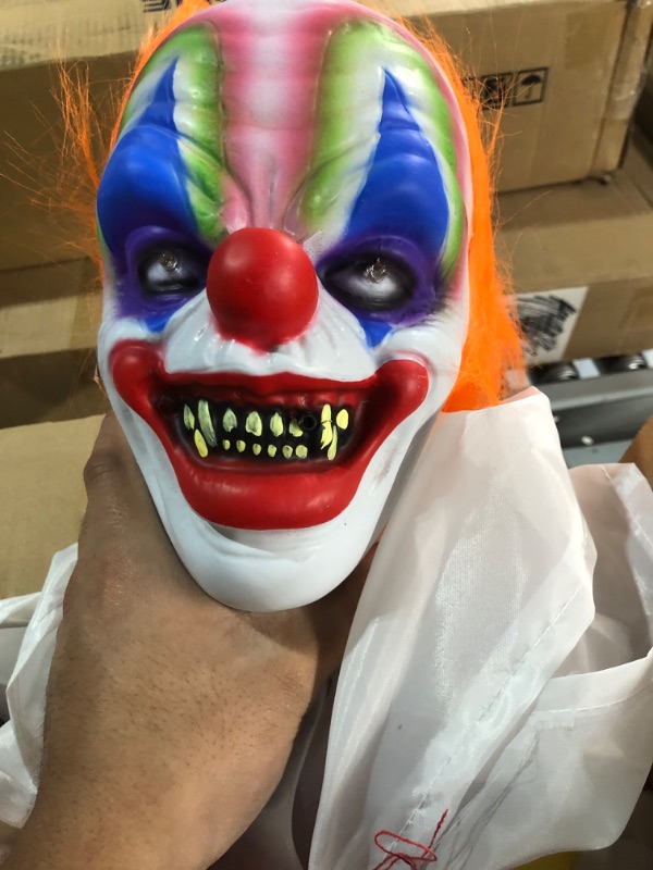 Photo 4 of Haunted Hill Farm 65-in. Animated Scary Talking Clown Prop | Flashing Red Eyes | Indoor or Covered Outdoor Halloween Decoration | Battery-Operated | HHCLOWN-1FLA 65" Creepy Clown