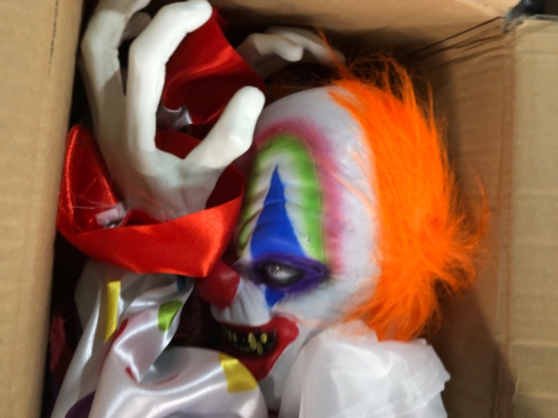 Photo 2 of Haunted Hill Farm 65-in. Animated Scary Talking Clown Prop | Flashing Red Eyes | Indoor or Covered Outdoor Halloween Decoration | Battery-Operated | HHCLOWN-1FLA 65" Creepy Clown