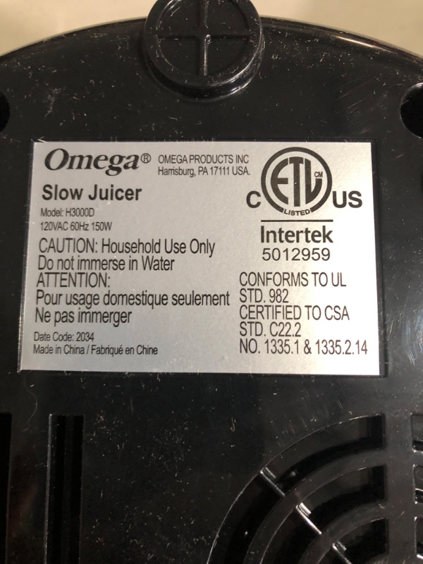 Photo 5 of **SEE NOTES**
Omega H3000D Cold Press 365 Juicer Slow Masticating Extractor , 150-Watt, Black