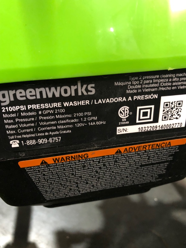 Photo 2 of Greenworks 2000 PSI 1.2 GPM Pressure Washer (Open Frame GPW2003) GPW2003 2000PSI